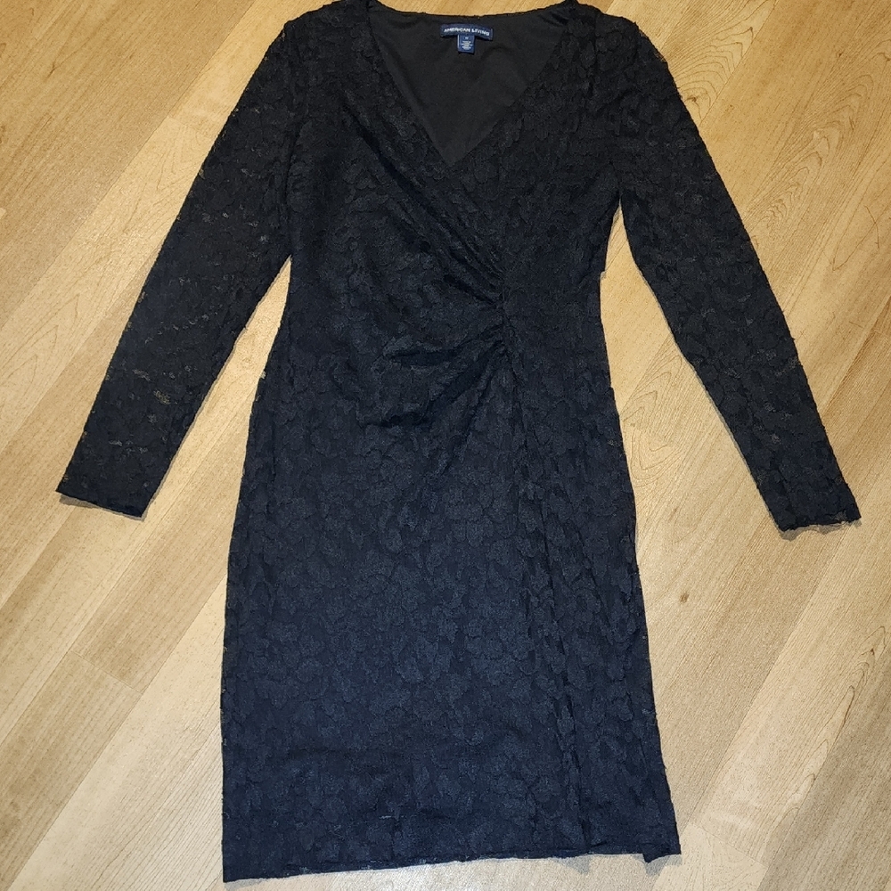 American Living Black Ruched V-Neck Midi Dress
